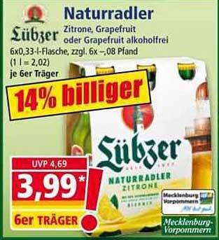 Lübzer Naturradler Zitrone, Grapefruit oder Grapefruit alkoholfrei 6er Träger