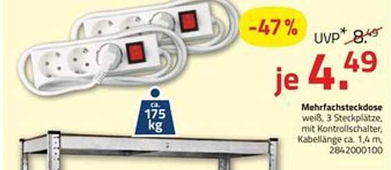 Mehrfachsteckdose weiß mit 3 Ste Plätzen und Kontrollschalter