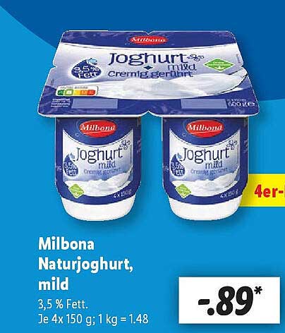 Milbona Naturjoghurt, mild – 3,5 % Fett
