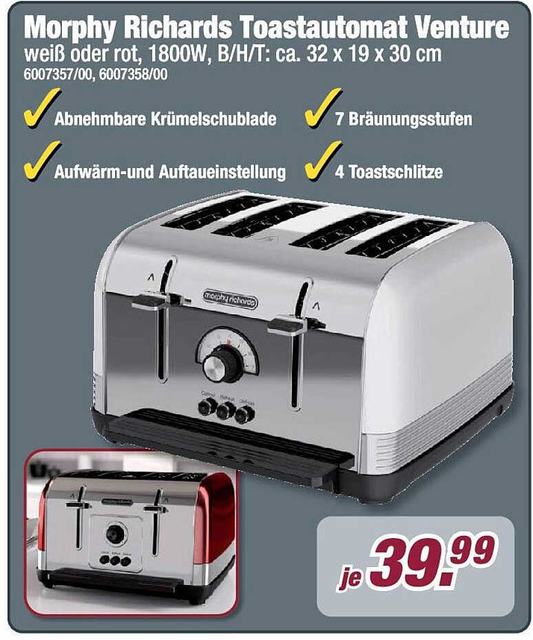 Morphy Richards Toastautomat Venture, weiß oder rot, 1800W