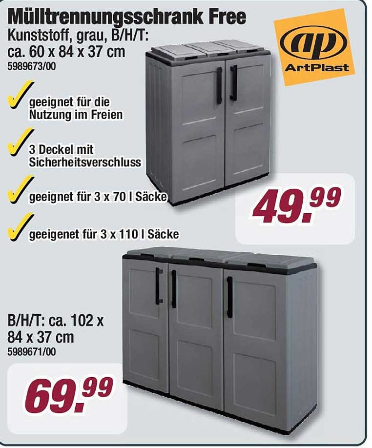 Mülltrennungs-schrank Free – Kunstoff, grau, B/H/T: ca. 60 x 84 x 37 cm