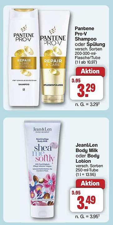 Pantene Pro-V Shampoo oder Spülung 200-300 ml und Jean&Len Body Milk oder Body Lotion 250 ml