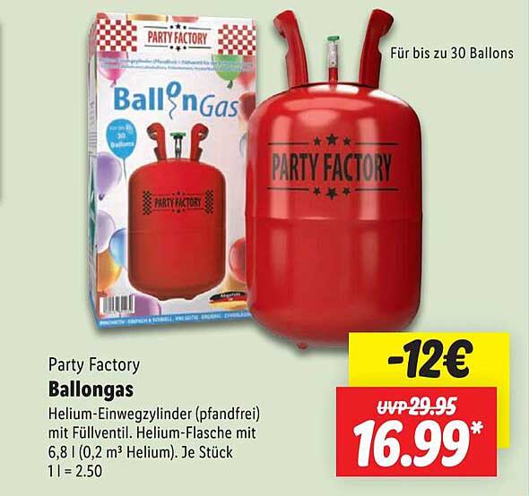 Party Factory Ballongas - Helium-Einwegzylinder (pfandfrei) mit Füllventil
