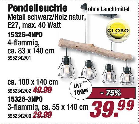 Pendelleuchte Metall schwarz/Holz natur, E27, max. 40 Watt