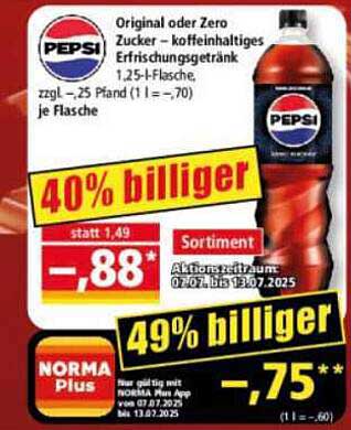 PEPSI Original oder Zero - 1,25 l Flasche zum Aktionspreis