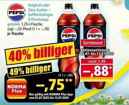 Pepsi Original oder Zero Zucker - 1,25 l Flasche