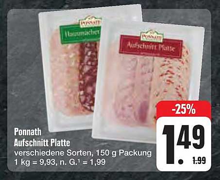 Ponnath Aufschnitt Platte, verschiedene Sorten, 150 g Packung