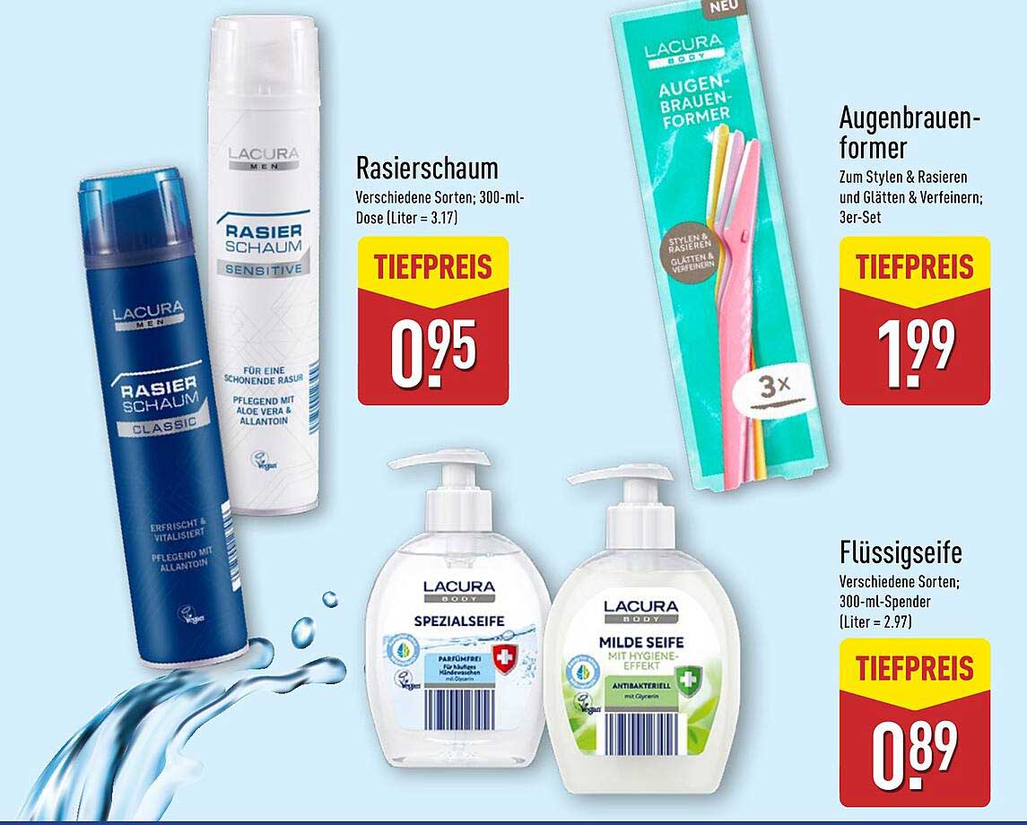 Rasiercreme, Augenbrauenformer, Flüssigseife und Spezialseife von Lacura