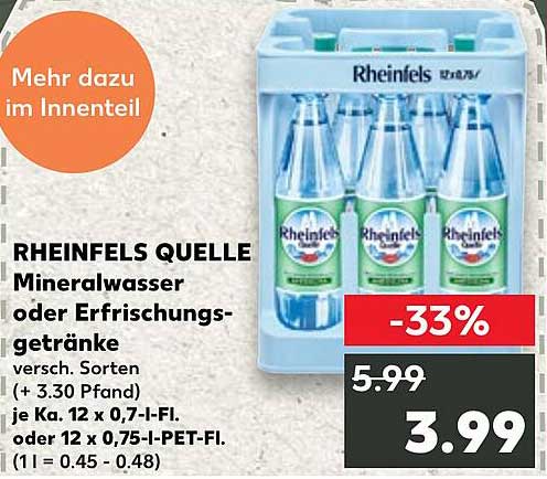 RHEINFELS QUELLE Mineralwasser oder Erfrischungsgetränke, verschiedene Sorten