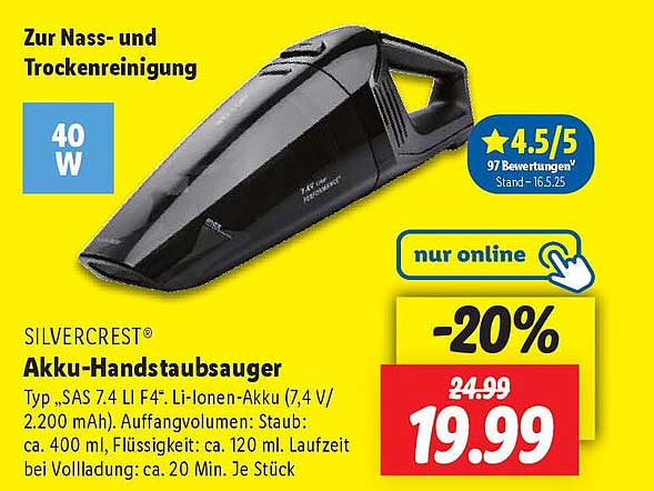 SILVERCREST® Akku-Handstaubsauger zur Nass- und Trockenreinigung