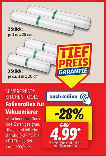 SILVERCREST® Foliendrollen für Vakuumierer – 2 Stück (je 3 m x 28 cm) und 3 Stück (je ca. 3 m x 20 cm)