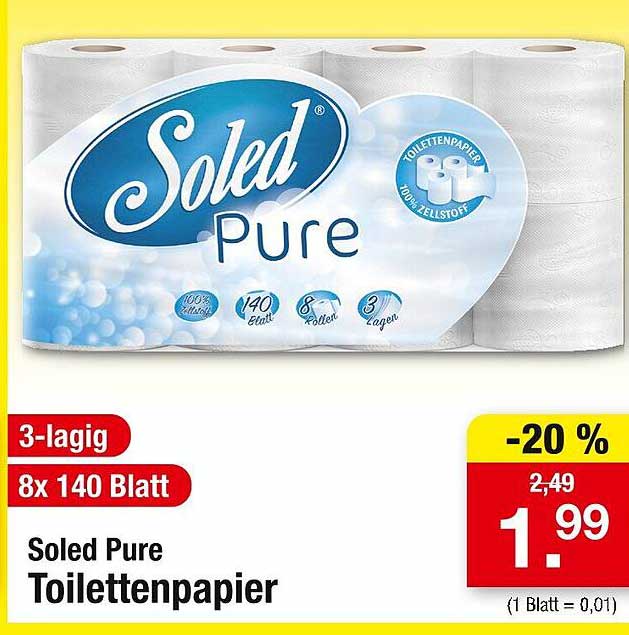 Soled Pure Toilettenpapier 3-lagig, 8x140 Blatt