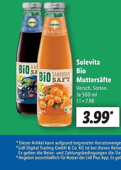 Solevita Bio Muttersäfte - Verschiedene Sorten 500 ml für nur 3,99 €
