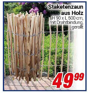 Staketenzaun aus Holz H 90 x L 500 cm, mit Drahtbindung, gerollt