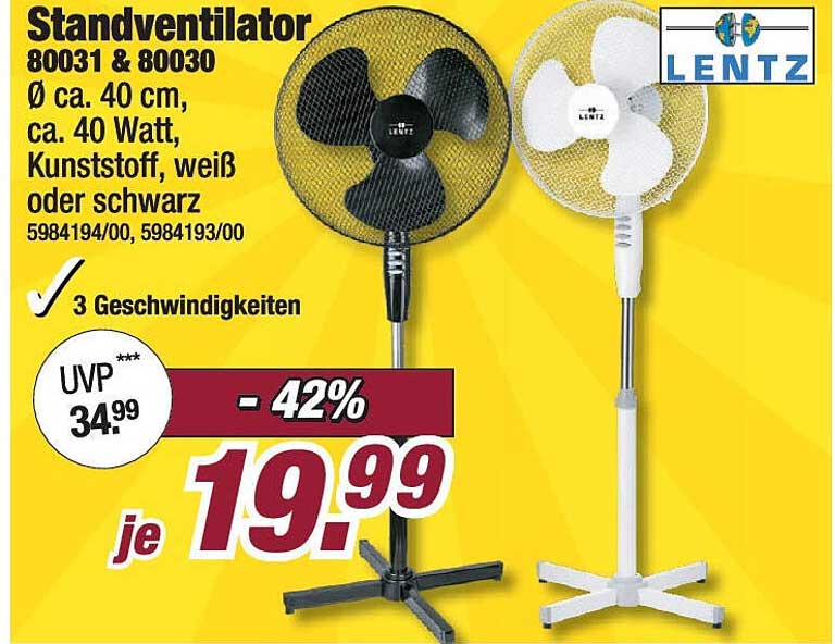 Standventilator Lentz 80031 & 80030 mit 3 Geschwindigkeiten