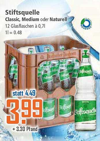 Stiftsquelle Classic, Medium oder Naturell 12 Glasflaschen à 0,7 l