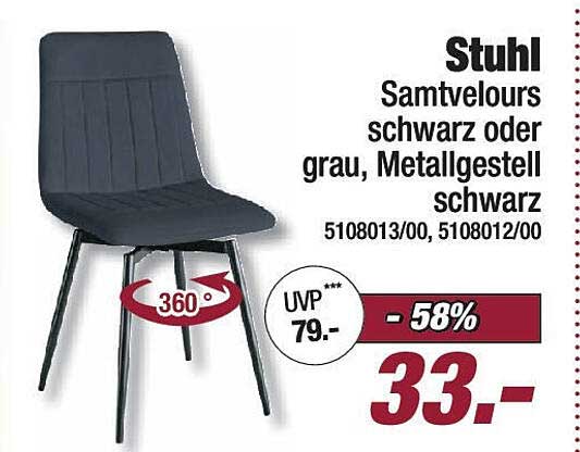 Stuhl Samtvelours schwarz oder grau, Metallgestell schwarz