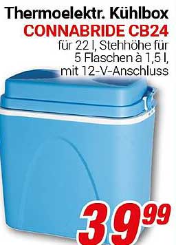 Thermoelektrische Kühlbox CONNABRIDE CB24 für 22 l, Stehhöhe für 5 Flaschen à 1,5 l, mit 12-V-Anschluss