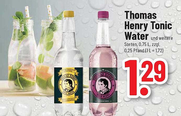 Thomas Henry Tonic Water und weitere Sorten, 0,75 L, zzgl. 0,25 Pfand