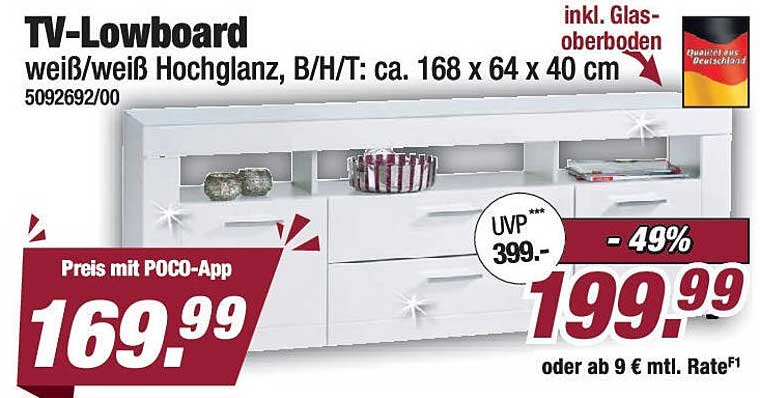 TV-Lowboard weiß/weiß Hochglanz, B/H/T: ca. 168 x 64 x 40 cm