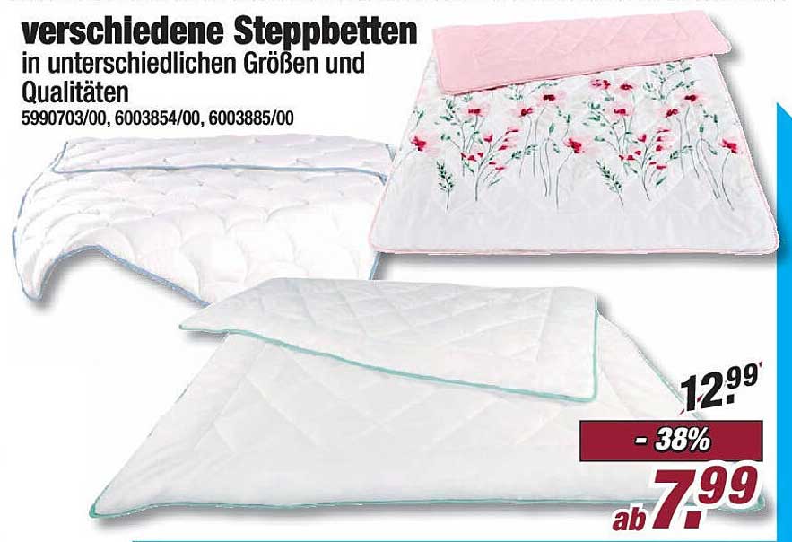 verschiedene Steppbetten in unterschiedlichen Größen und Qualitäten