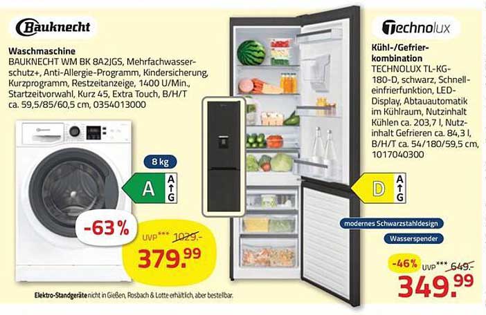 Waschmaschine BAUKNECHT WM BK 8A2JGS mit 8 kg und Kühl-/Gefrierkombination TECHNOLUX TL-KG-180
