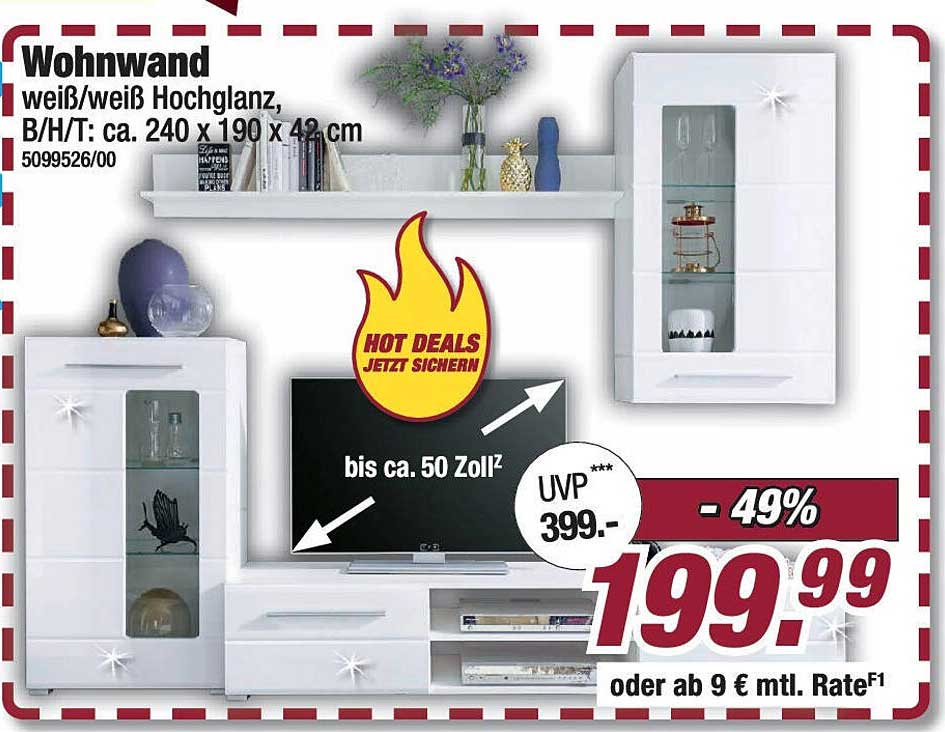 Wohnwand weiß/weiß Hochglanz, B/H/T: ca. 240 x 190 x 42 cm