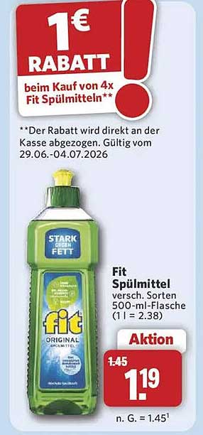 1€ RABATT beim Kauf von 4x Fit Spülmitteln**