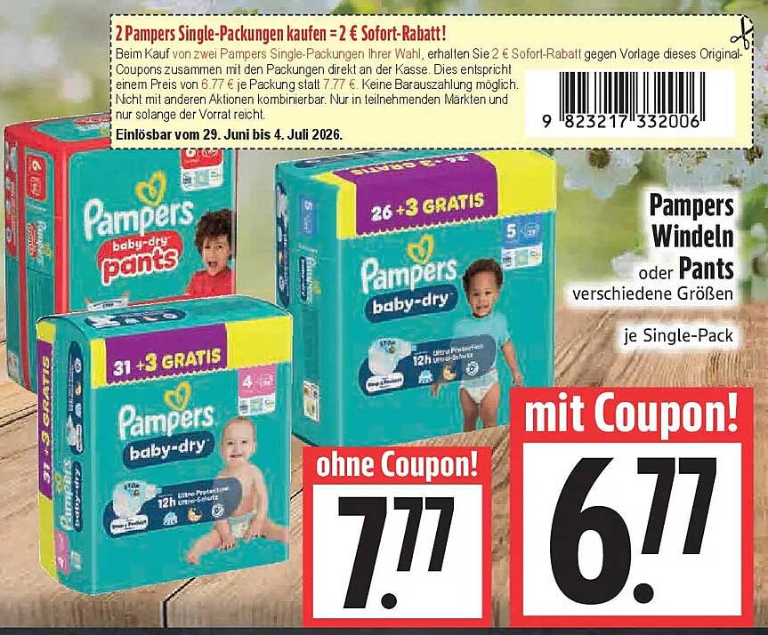 2 Pampers Single-Packungen kaufen = 2 € Sofort-Rabatt!