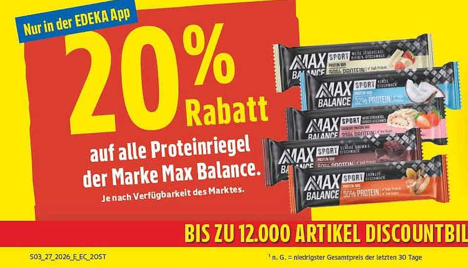 20% Rabatt auf alle Proteinriegel der Marke Max Balance.