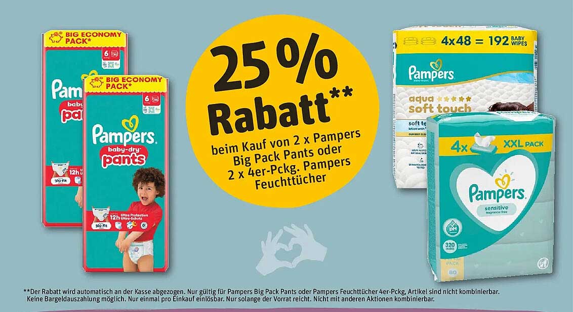 25% Rabatt** beim Kauf von 2 x Pampers Big Pack Pants oder 2 x 4er-Pckg. Pampers Feuchttücher