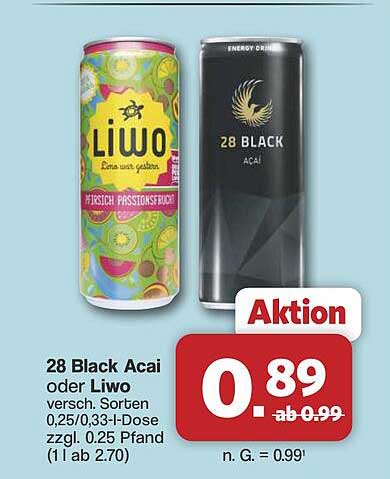 28 Black Acai oder Liwo versch. Sorten 0,25/0,33-l-Dose zzgl. 0,25 Pfand