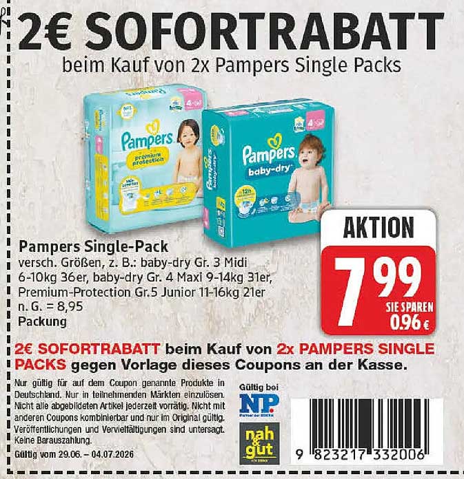 2€ SOFORTRABATT beim Kauf von 2x Pampers Single Packs