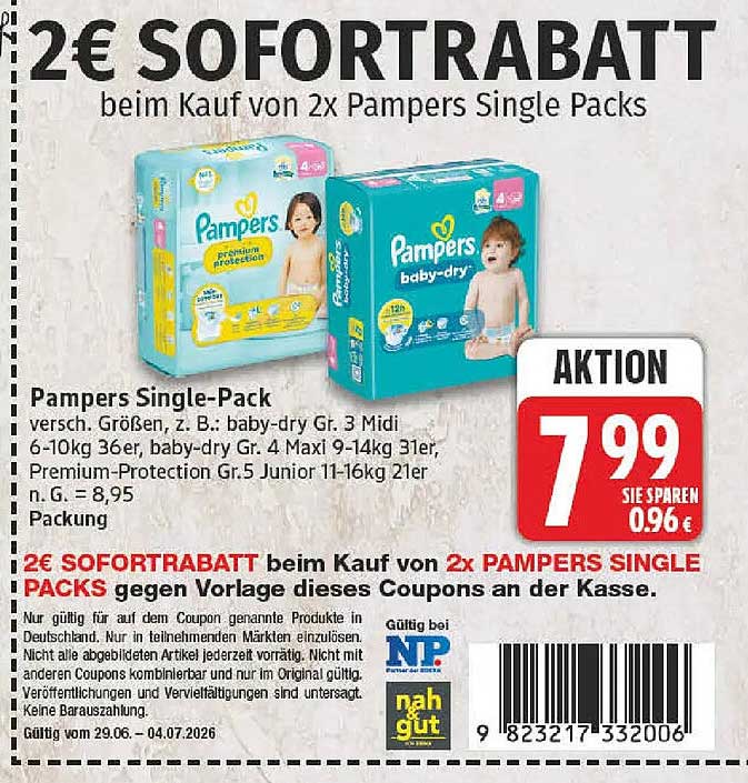 2€ SOFORTRABATT beim Kauf von 2x Pampers Single Packs