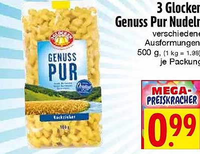 3 Glocken Genuss Pur Nudeln verschiedene Ausformungen, 500 g, je Packung