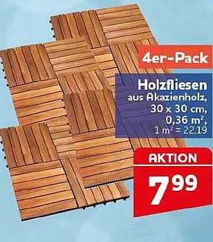 4er-Pack Holzfliesen aus Akazienholz, 30 x 30 cm, 0,36 m², 1 m² = 22,19