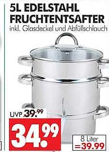 5L EDELSTAHL FRUCHTENTSAFTER inkl. Glasdeckel und Abfüllschlauch