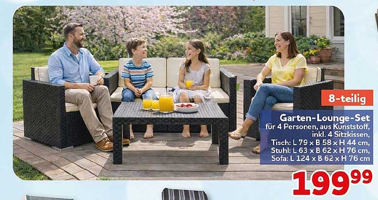 8-teilig Garten-Lounge-Set für 4 Personen, aus Kunststoff, inkl. 4 Sitzkissen, Tisch: L 79 x B 58 x H 44 cm, Stuhl: L 63 x B 62 x H 76 cm, Sofa: L 124 x B 62 x H 76 cm
