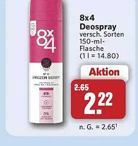 8x4 Deospray versch. Sorten 150-ml-Flasche (1 l = 14.80)