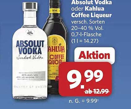 Absolut Vodka oder Kahlua Coffee Liqueur versch. Sorten 20-40 % Vol. 0,7-l-Flasche (1 l = 14.27)