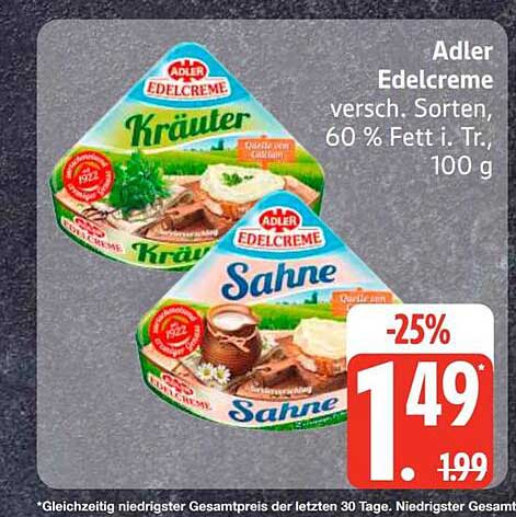 Adler Edelcreme versch. Sorten, 60 % Fett i. Tr., 100 g
