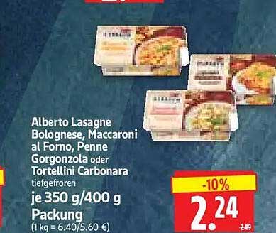 Alberto Lasagne Bolognese, Macaroni al Forno, Penne Gorgonzola oder Tortellini Carbonara tiefgefroren je 350 /400 g Packung