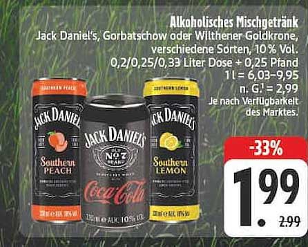 Alkoholisches Mischgetränk Jack Daniel's, Gorbatschow oder Withener Goldkrone, verschiedene Sorten, 10 % Vol. 0,2/0,25/0,33 Liter Dose + 0,25 Pfand