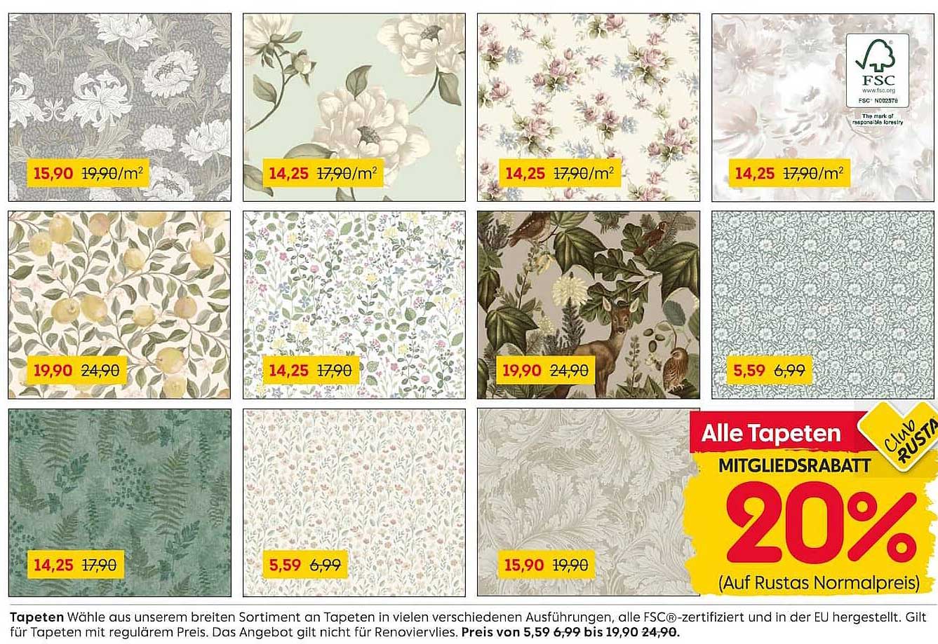 Alle Tapeten MITGLIEDSRABATT 20% (Auf Rustas Normalpreis)