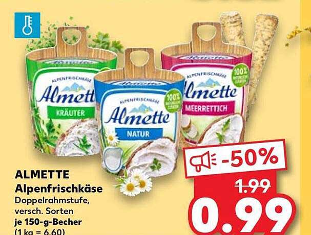 ALMETTE Alpenfrischkäse Doppelrahmstufe, versch. Sorten je 150-g-Becher (1 kg = 6,60)