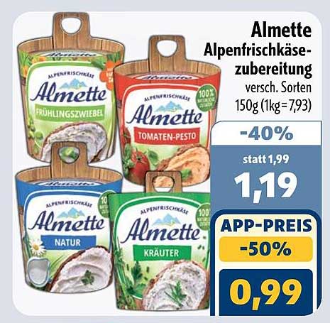 Almette Alpenfrischkäsezubereitung versch. Sorten 150g (1kg=7,93)