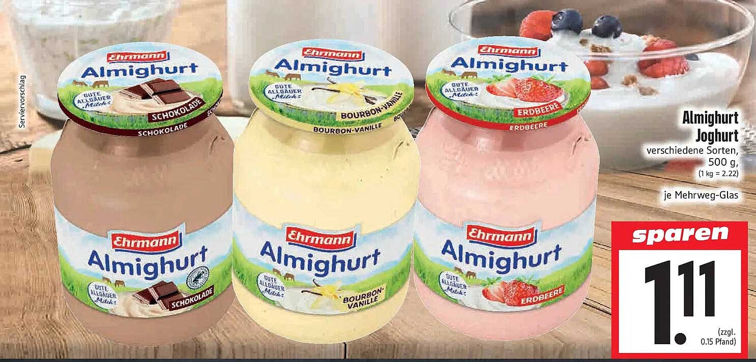 Almighurt Joghurt verschiedene Sorten, 500 g, (1 kg = 2.22) je Mehrweg-Glas