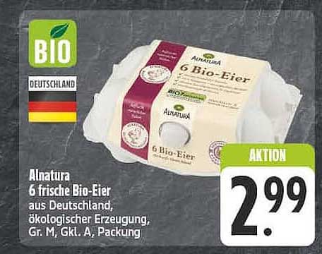 Alnatura 6 frische Bio-Eier aus Deutschland, ökologischer Erzeugung, Gr. M, Gkl. A, Packung