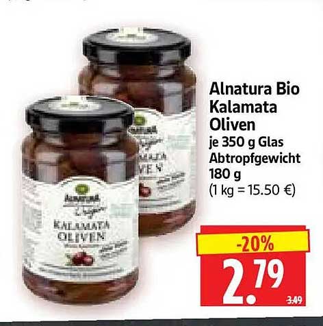 Alnatura Bio Kalamata Oliven je 350 g Glas Abtropfgewicht 180 g