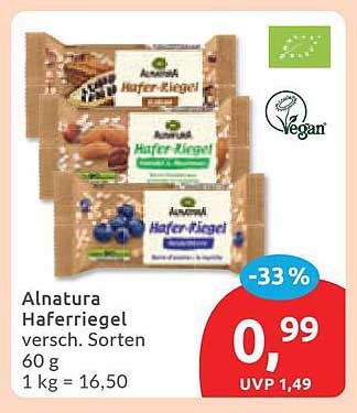 Alnatura Haferriegel versch. Sorten 60 g 1 kg = 16,50